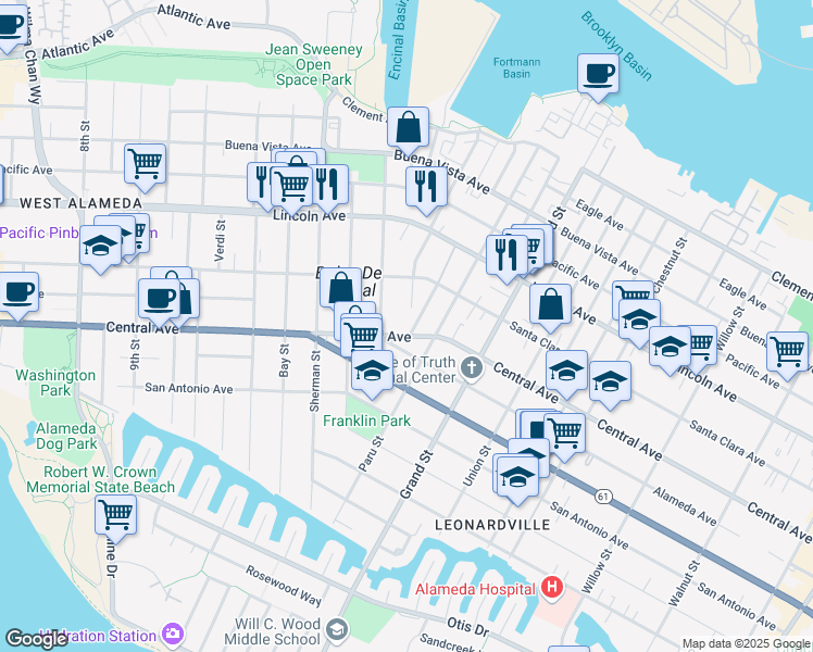 map of restaurants, bars, coffee shops, grocery stores, and more near 1401 Cottage Street in Alameda