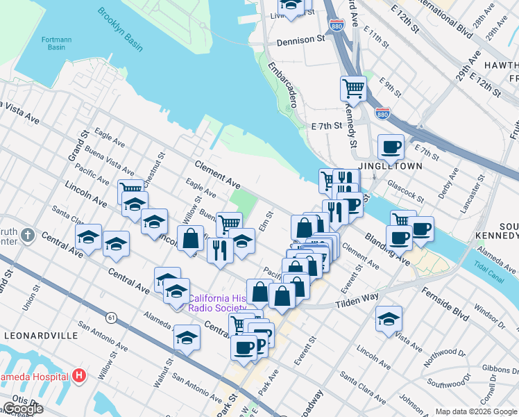 map of restaurants, bars, coffee shops, grocery stores, and more near 1848 Walnut Street in Alameda