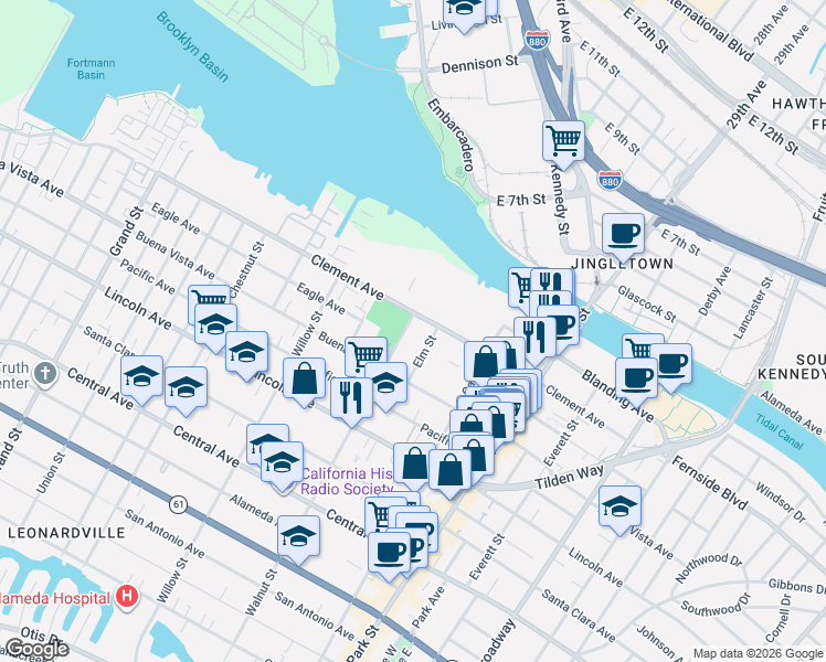 map of restaurants, bars, coffee shops, grocery stores, and more near 1848 Walnut Street in Alameda