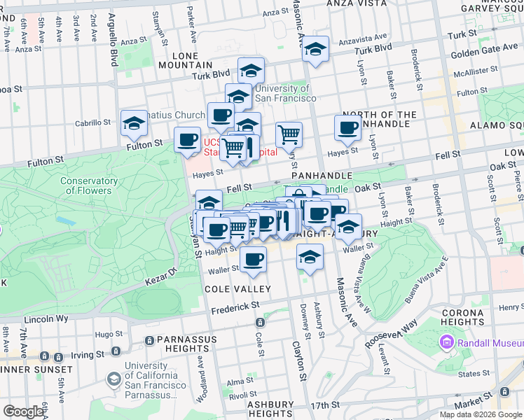 map of restaurants, bars, coffee shops, grocery stores, and more near 1817 Oak Street in San Francisco