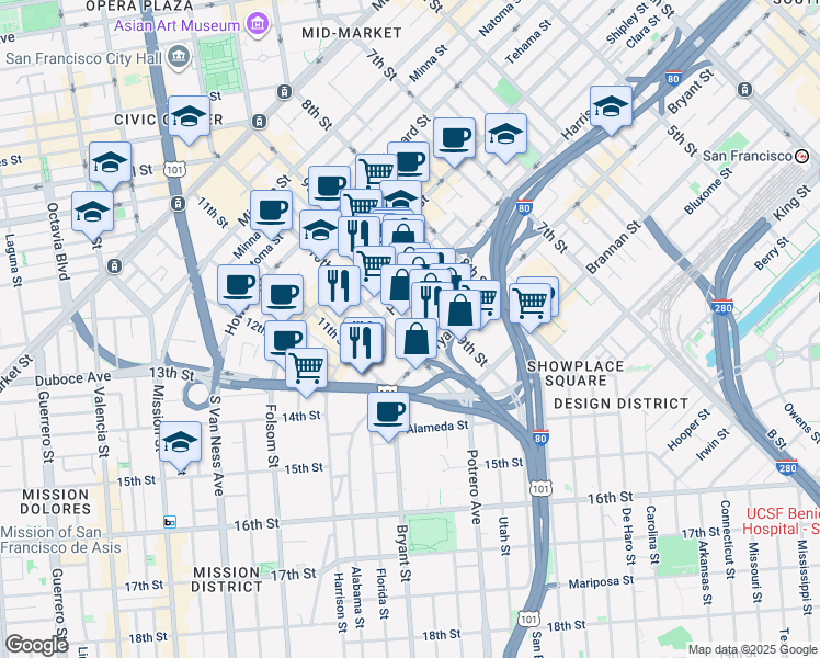 map of restaurants, bars, coffee shops, grocery stores, and more near 222 Dore Street in San Francisco