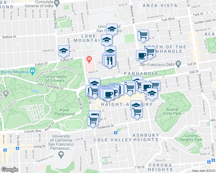 map of restaurants, bars, coffee shops, grocery stores, and more near 1911 Oak Street in San Francisco