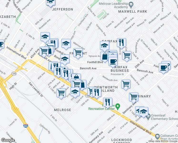 map of restaurants, bars, coffee shops, grocery stores, and more near 1635 52nd Avenue in Oakland
