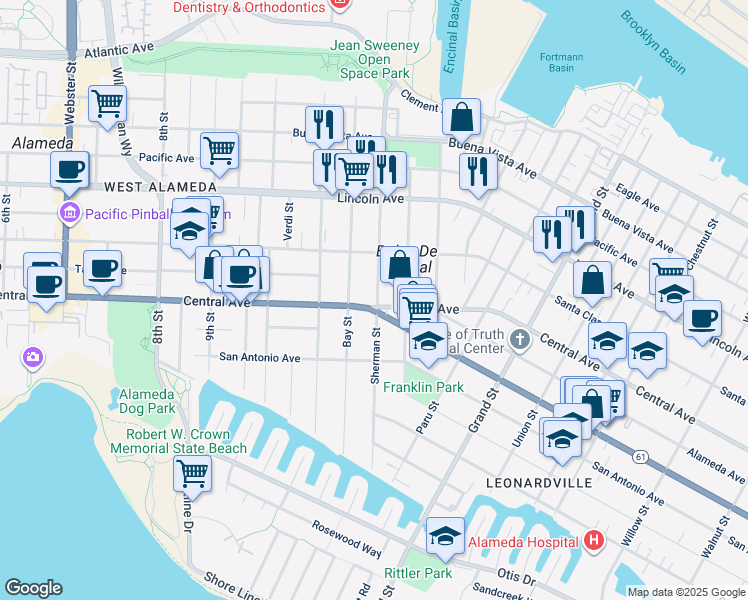 map of restaurants, bars, coffee shops, grocery stores, and more near 1219 Central Avenue in Alameda