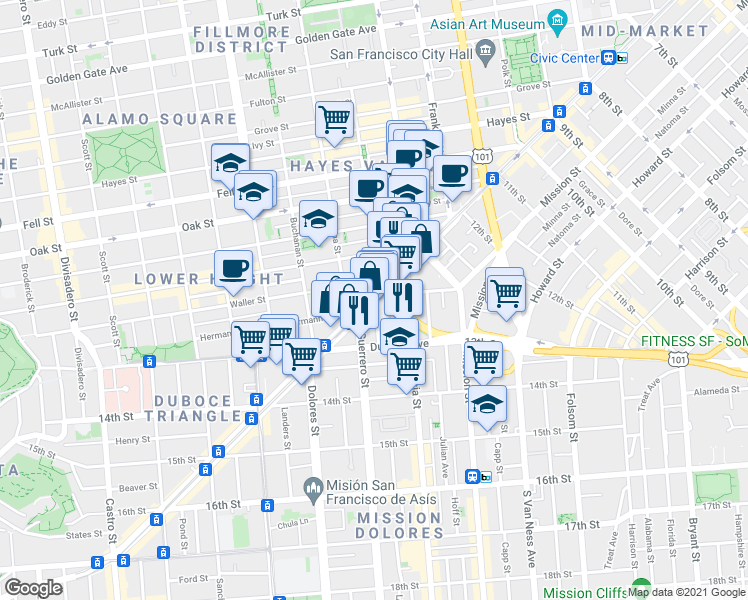 map of restaurants, bars, coffee shops, grocery stores, and more near Market St & Pearl St in San Francisco