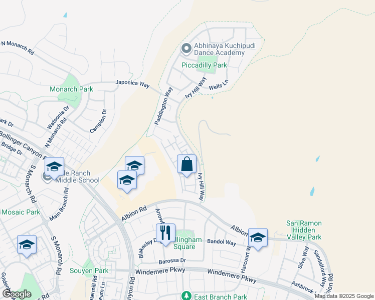 map of restaurants, bars, coffee shops, grocery stores, and more near 2335 Ivy Hill Way in San Ramon