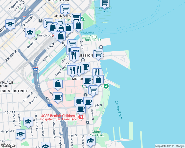 map of restaurants, bars, coffee shops, grocery stores, and more near 420 Mission Bay Blvd N in San Francisco