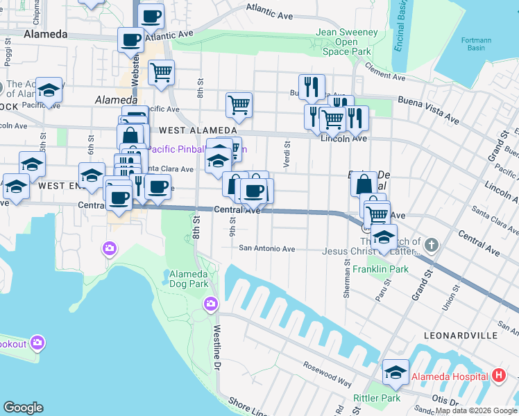 map of restaurants, bars, coffee shops, grocery stores, and more near 923 Central Avenue in Alameda