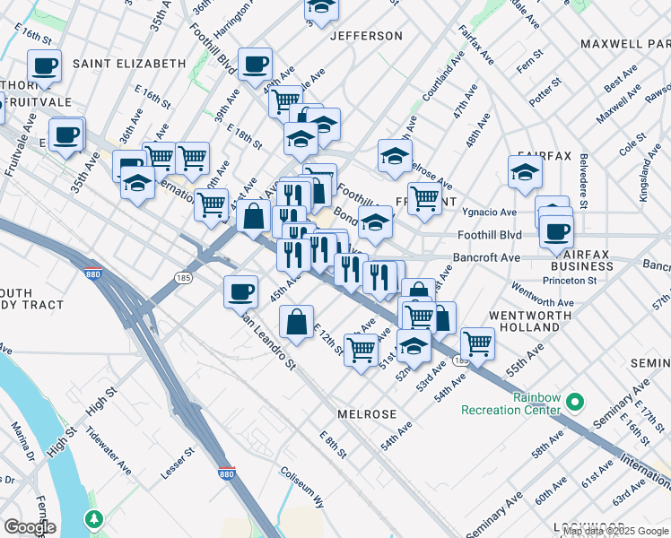 map of restaurants, bars, coffee shops, grocery stores, and more near 1421 46th Avenue in Oakland