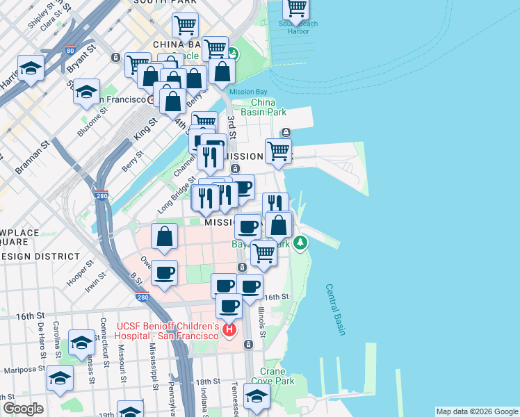 map of restaurants, bars, coffee shops, grocery stores, and more near 420 Mission Bay Boulevard North in San Francisco