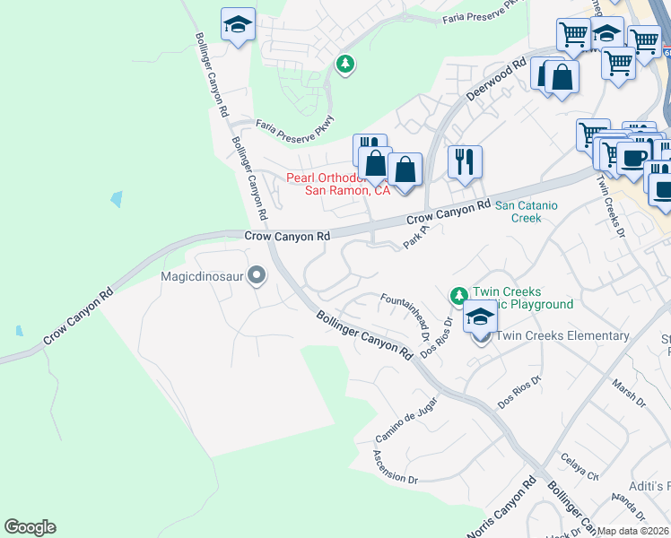 map of restaurants, bars, coffee shops, grocery stores, and more near 2401 Crow Canyon Road in San Ramon