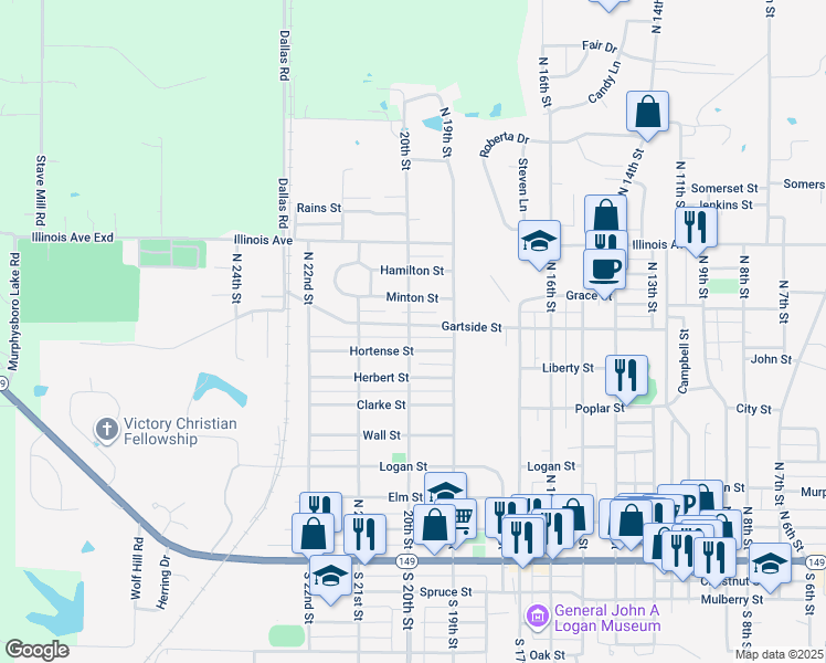 map of restaurants, bars, coffee shops, grocery stores, and more near 1933 Gartside Street in Murphysboro