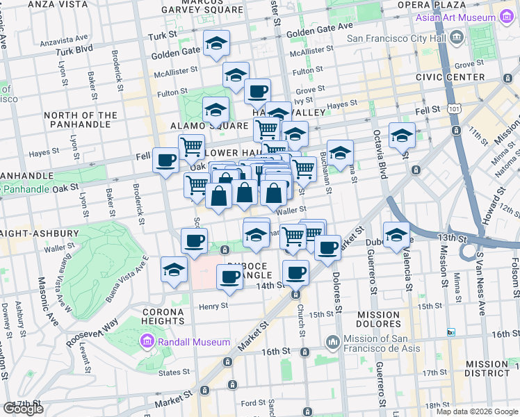map of restaurants, bars, coffee shops, grocery stores, and more near 215 Steiner Street in San Francisco