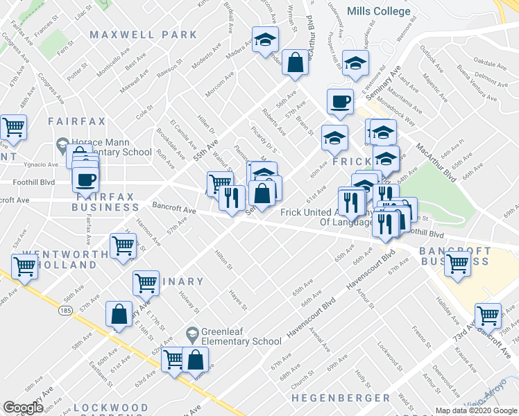 map of restaurants, bars, coffee shops, grocery stores, and more near 5911 Foothill Boulevard in Oakland