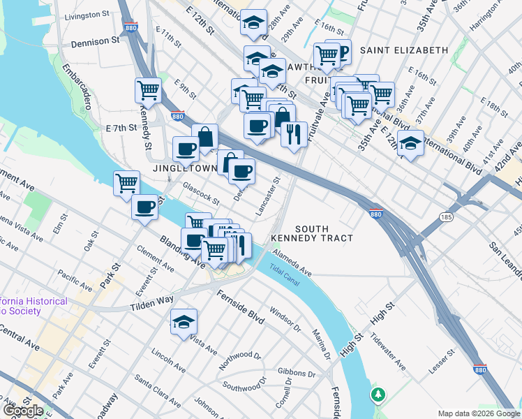 map of restaurants, bars, coffee shops, grocery stores, and more near Ford Street & Lancaster Street in Oakland