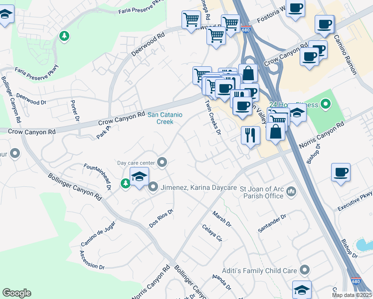 map of restaurants, bars, coffee shops, grocery stores, and more near 2575 Shadow Mountain Drive in San Ramon