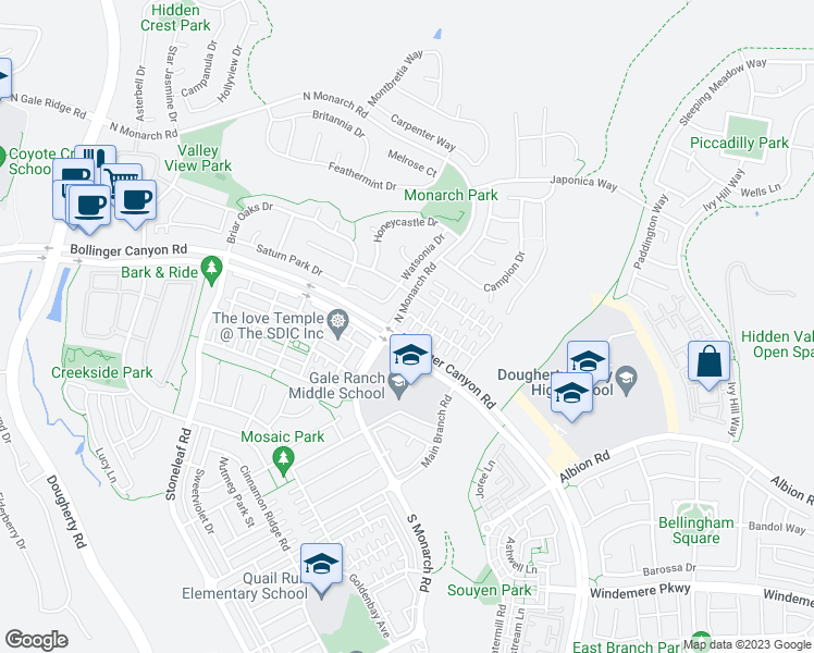 map of restaurants, bars, coffee shops, grocery stores, and more near 151 Maidenhair Court in San Ramon