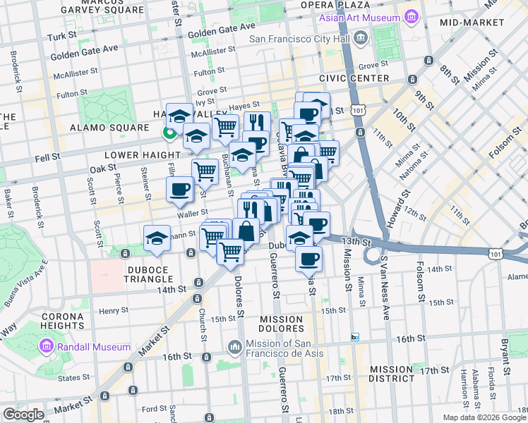 map of restaurants, bars, coffee shops, grocery stores, and more near 16 Laguna Street in San Francisco