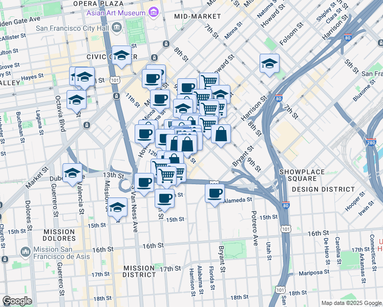 map of restaurants, bars, coffee shops, grocery stores, and more near 355 11th Street in San Francisco