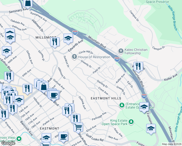 map of restaurants, bars, coffee shops, grocery stores, and more near 3625 Field Street in Oakland