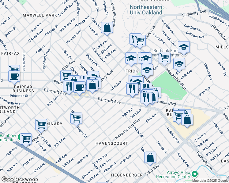 map of restaurants, bars, coffee shops, grocery stores, and more near 2732 61st Avenue in Oakland