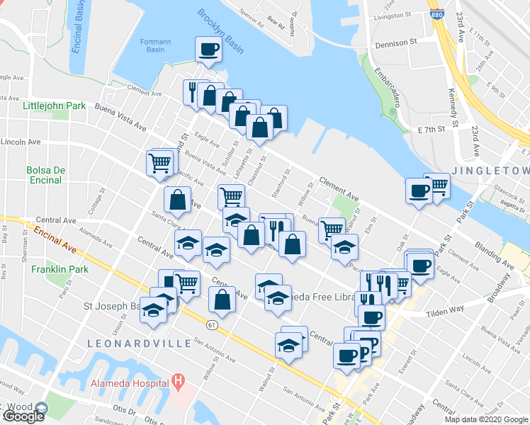map of restaurants, bars, coffee shops, grocery stores, and more near 2040 Buena Vista Avenue in Alameda