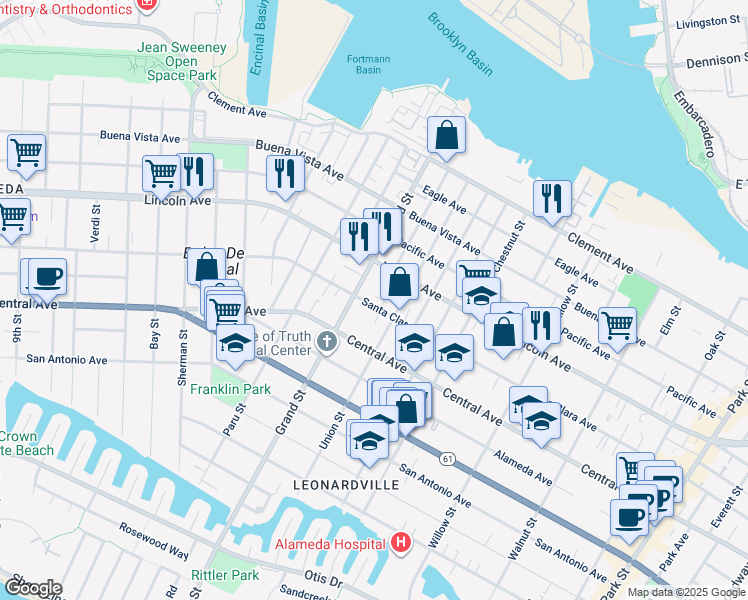 map of restaurants, bars, coffee shops, grocery stores, and more near in Alameda