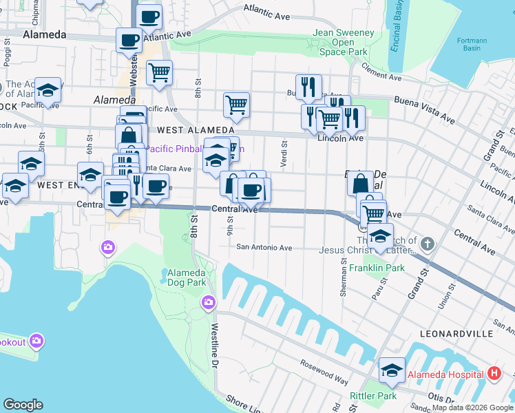 map of restaurants, bars, coffee shops, grocery stores, and more near 923 Central Avenue in Alameda