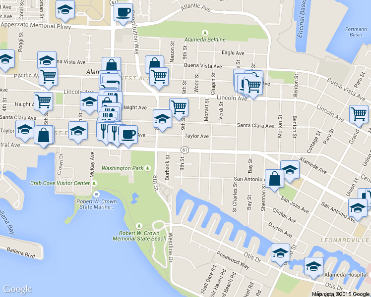 map of restaurants, bars, coffee shops, grocery stores, and more near 845 Central Avenue in Alameda
