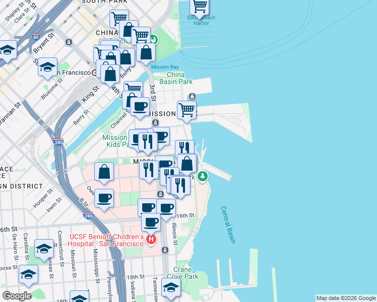 map of restaurants, bars, coffee shops, grocery stores, and more near 679 Terry A Francois Boulevard in San Francisco