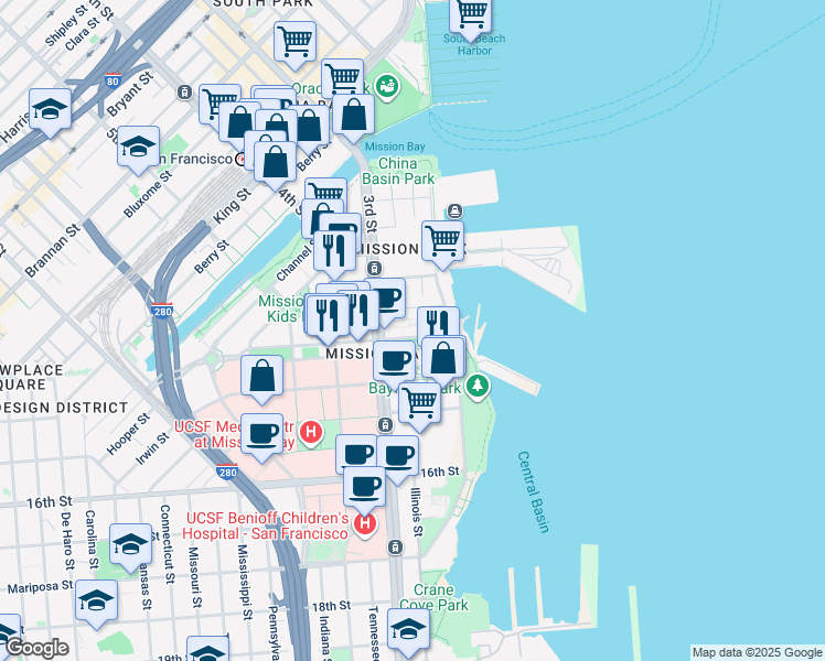map of restaurants, bars, coffee shops, grocery stores, and more near 420 Mission Bay Boulevard North in San Francisco