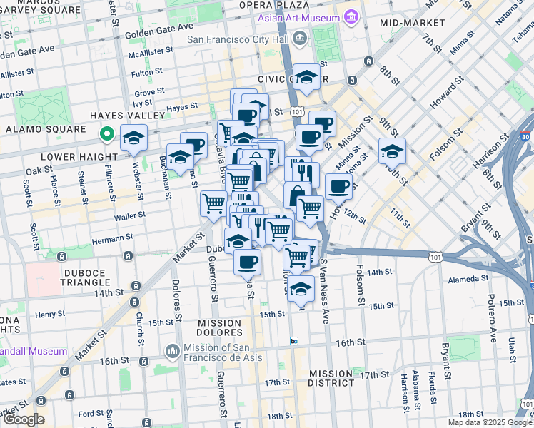 map of restaurants, bars, coffee shops, grocery stores, and more near in San Francisco