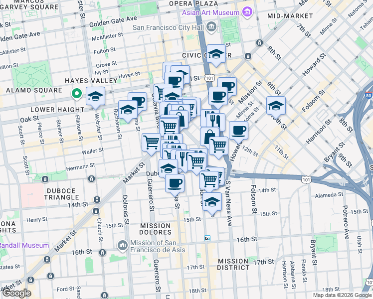 map of restaurants, bars, coffee shops, grocery stores, and more near in San Francisco