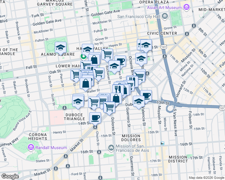 map of restaurants, bars, coffee shops, grocery stores, and more near 120 Buchanan Street in San Francisco