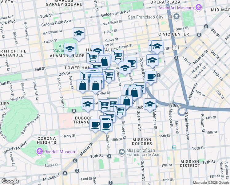 map of restaurants, bars, coffee shops, grocery stores, and more near 100 Webster Street in San Francisco