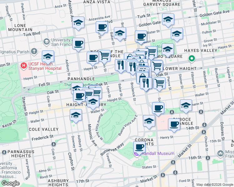 map of restaurants, bars, coffee shops, grocery stores, and more near 52 Baker Street in San Francisco