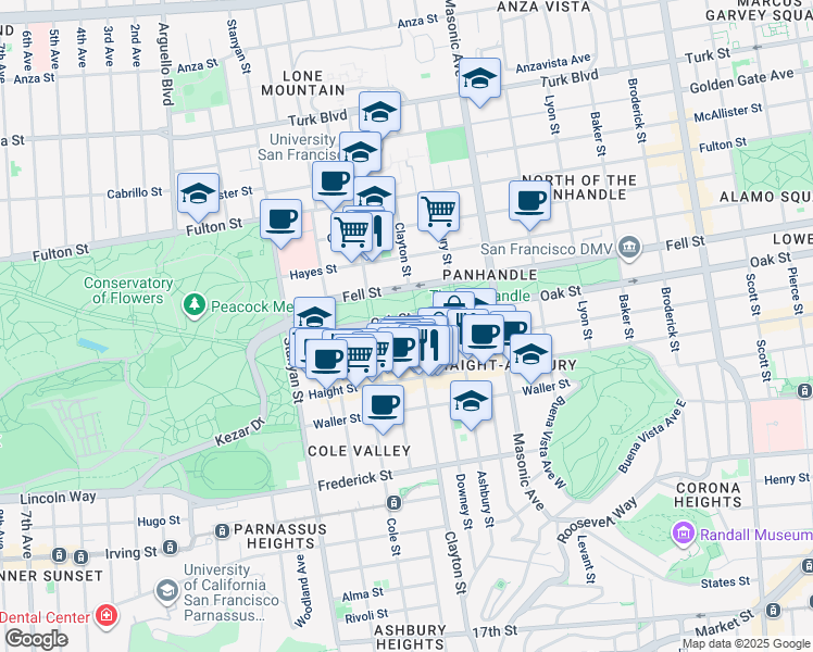map of restaurants, bars, coffee shops, grocery stores, and more near 1817 Oak Street in San Francisco
