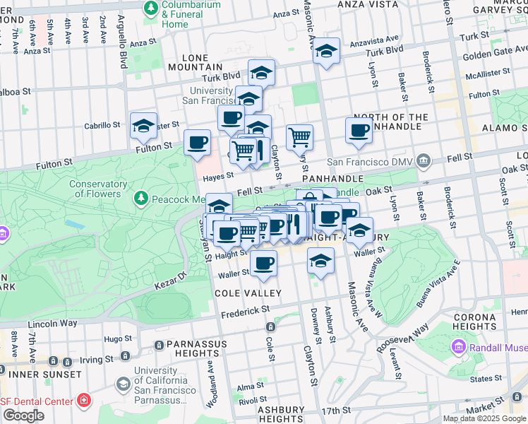 map of restaurants, bars, coffee shops, grocery stores, and more near 1817 Oak Street in San Francisco
