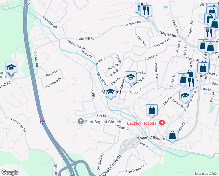 map of restaurants, bars, coffee shops, grocery stores, and more near in Mabscott