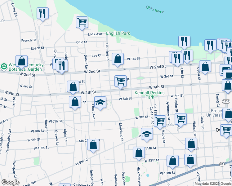 map of restaurants, bars, coffee shops, grocery stores, and more near 401-499 Castlen Street in Owensboro