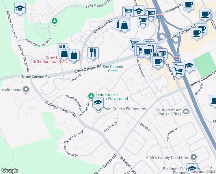 map of restaurants, bars, coffee shops, grocery stores, and more near 5 Del Oro Court in San Ramon