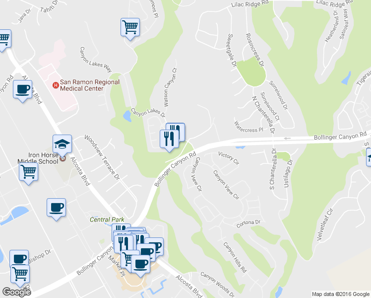 map of restaurants, bars, coffee shops, grocery stores, and more near 500 Bollinger Canyon Way in San Ramon