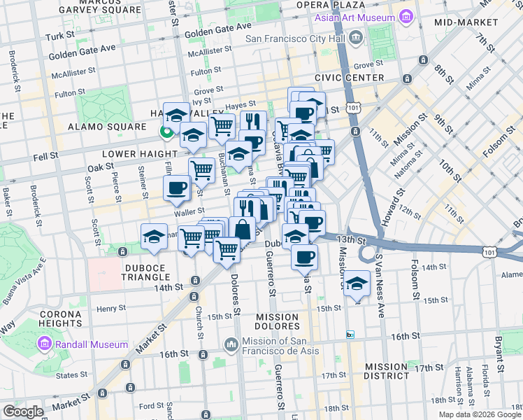 map of restaurants, bars, coffee shops, grocery stores, and more near 16 Laguna Street in San Francisco