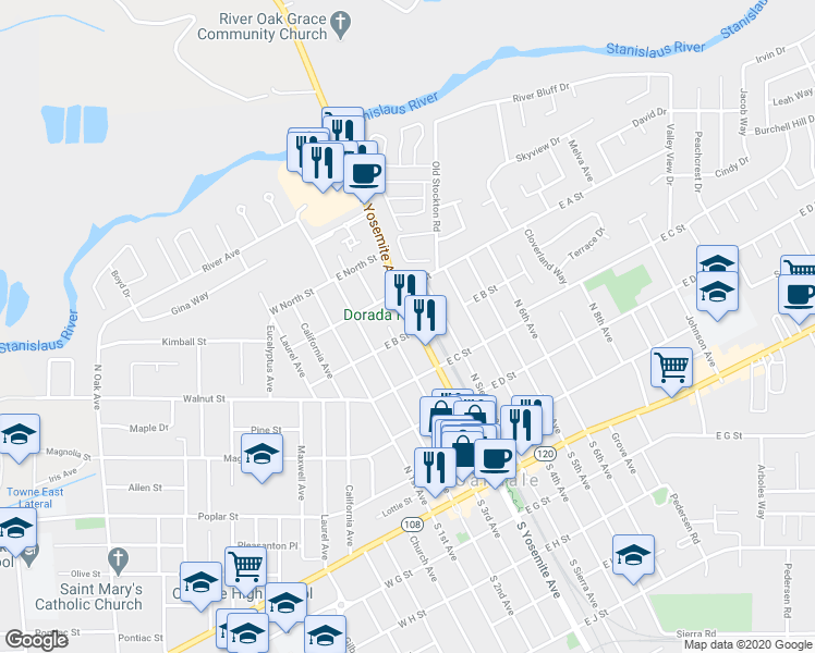 map of restaurants, bars, coffee shops, grocery stores, and more near 502 North Yosemite Avenue in Oakdale