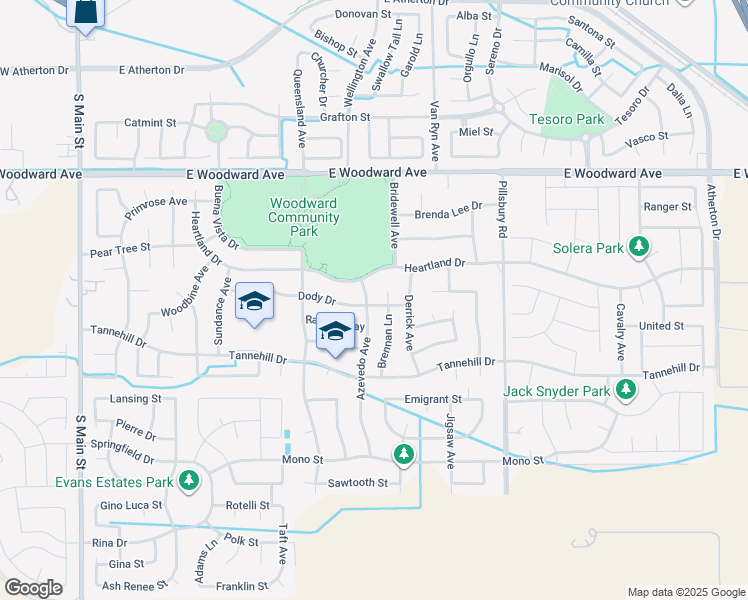 map of restaurants, bars, coffee shops, grocery stores, and more near 2056 Azevedo Avenue in Manteca