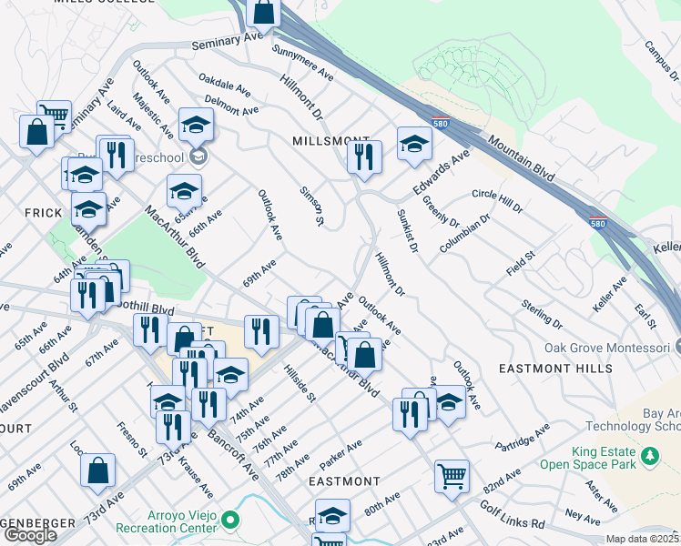 map of restaurants, bars, coffee shops, grocery stores, and more near 7130 Outlook Avenue in Oakland