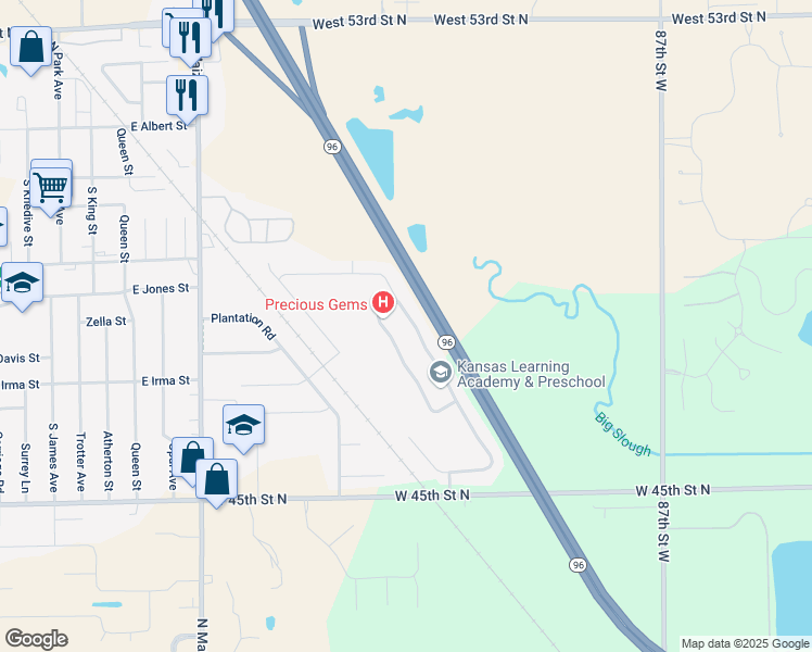 map of restaurants, bars, coffee shops, grocery stores, and more near 531 South Longbranch Drive in Maize