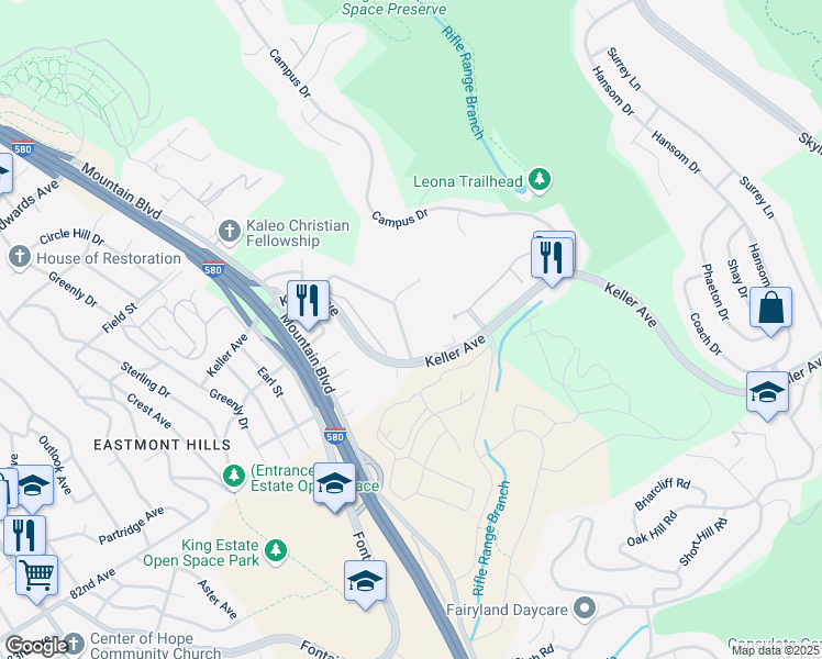 map of restaurants, bars, coffee shops, grocery stores, and more near 4329 Rilea Way in Oakland