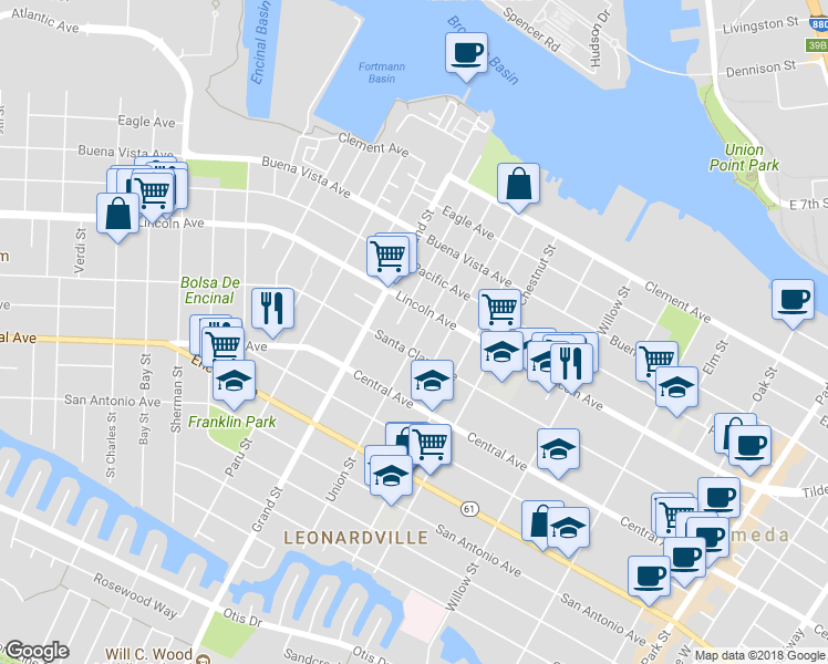 map of restaurants, bars, coffee shops, grocery stores, and more near 1511 Union Street in Alameda