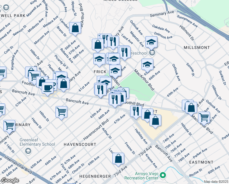 map of restaurants, bars, coffee shops, grocery stores, and more near 6434 Brann Street in Oakland